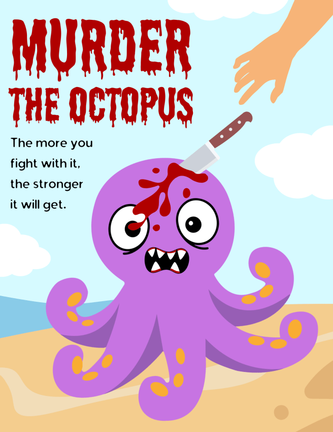 An image of an octopus on a beach that has just been stabbed in the head by a human.